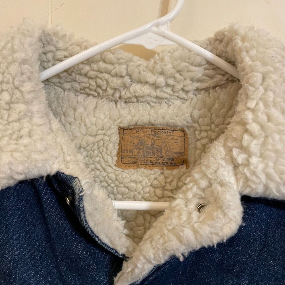 Vintage 70s PLAIN POCKETS Sherpa Lined Denim Trucker JACKET 36 - Picture 8 of 9